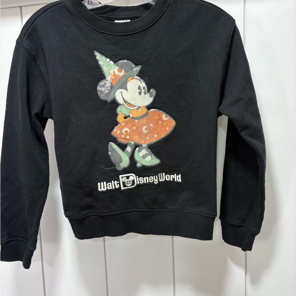 Disney Store Minnie Mouse Witch Halloween Sequin Black Sweatshirt Size 10